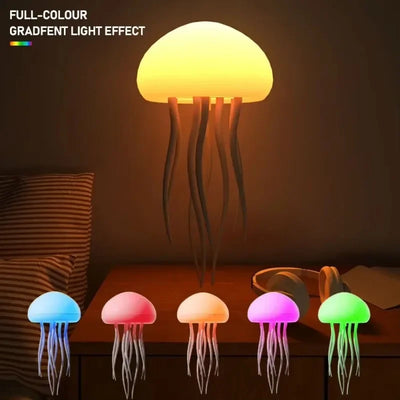 Cartoon Jellyfish Night Light with RGB Gradient and Voice Control on Bedside Table