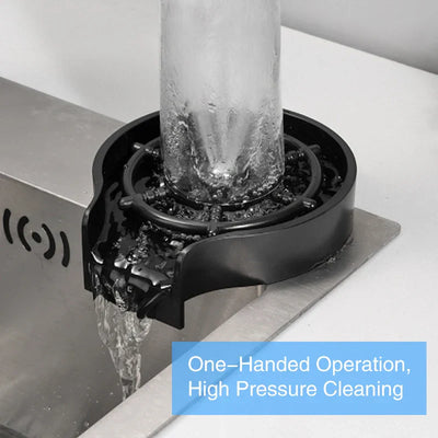 Glass rinser for kitchen sink with high pressure cleaning and one-handed operation.