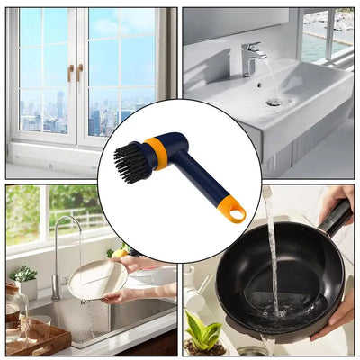 Electric dish brush for easy kitchen cleaning, showcasing its use on sinks and cookware.