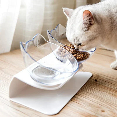 Non-slip double cat bowl with stand for pet feeding.